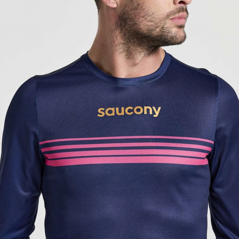 Saucony Elite Long Sleeve Men's T-Shirt Navy | CANADA CFJDNMI