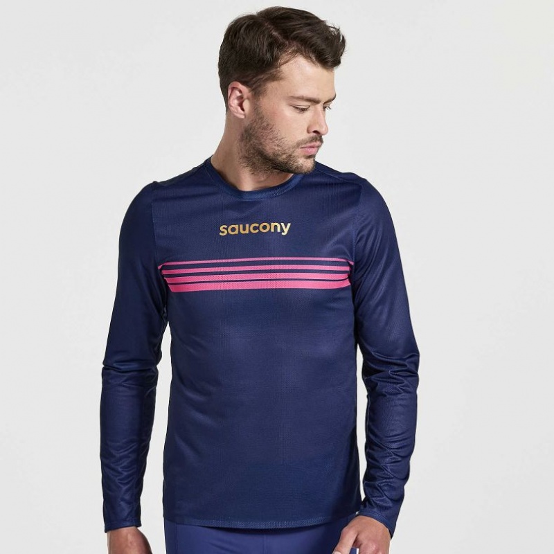 Saucony Elite Long Sleeve Men\'s T-Shirt Navy | CANADA CFJDNMI