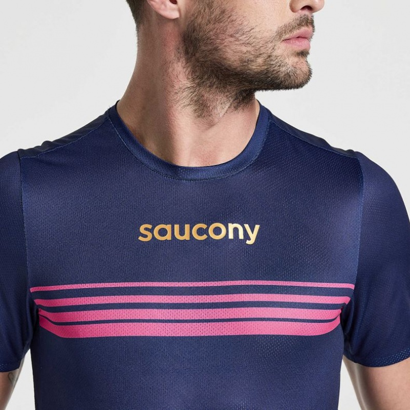 Saucony Elite Short Sleeve Men's T-Shirt Navy | CANADA LKNWBDJ