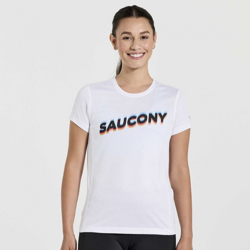 Saucony Stopwatch Graphic Short Sleeve Women\'s T-Shirt White | CANADA GXUTKNL